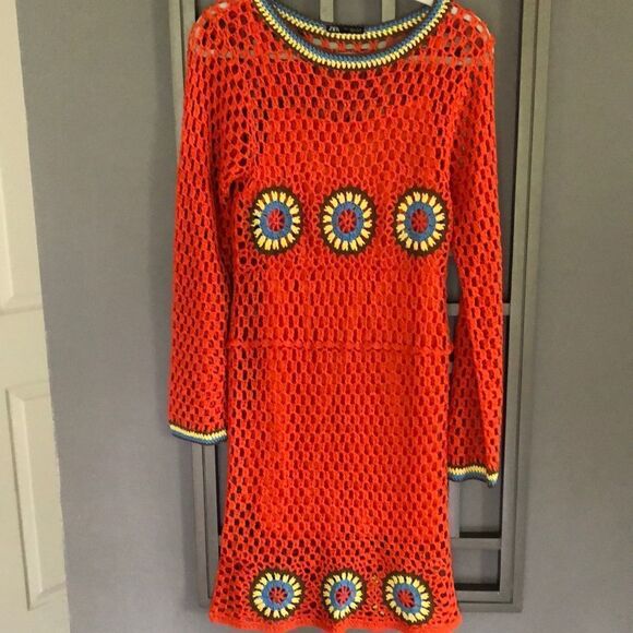 Zara Orange crochet mod looking dress. L - Picture 1 of 6